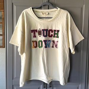 Umgee Womens Touchdown Sequin Patch French Terry S/S Shirt, Cream Mutli, 1XL